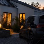 Voiture électrique en charge devant une maison au crépuscule avec compteur énergétique visible
