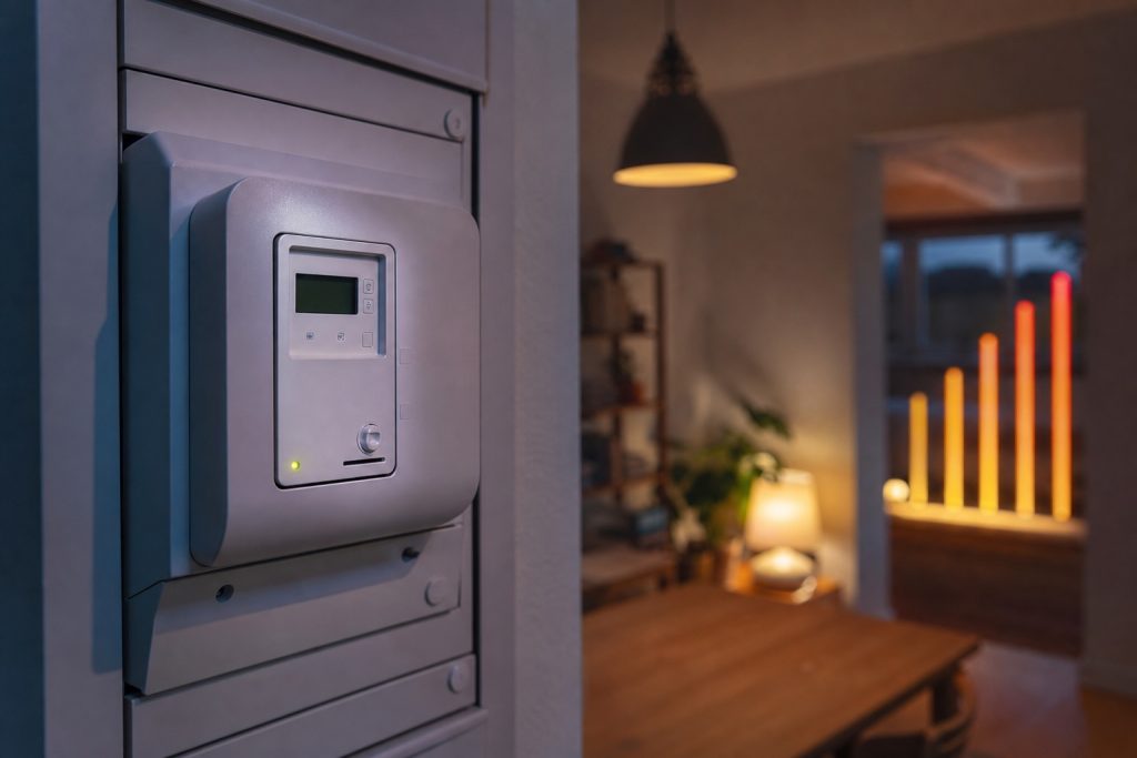 Compteur électrique moderne dans un logement avec graphique de prix en arrière-plan