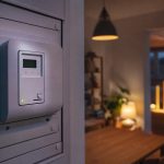 Compteur électrique moderne dans un logement avec graphique de prix en arrière-plan