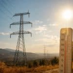 Des lignes électriques et un thermomètre sous une lumière d'été avec un graphique discret