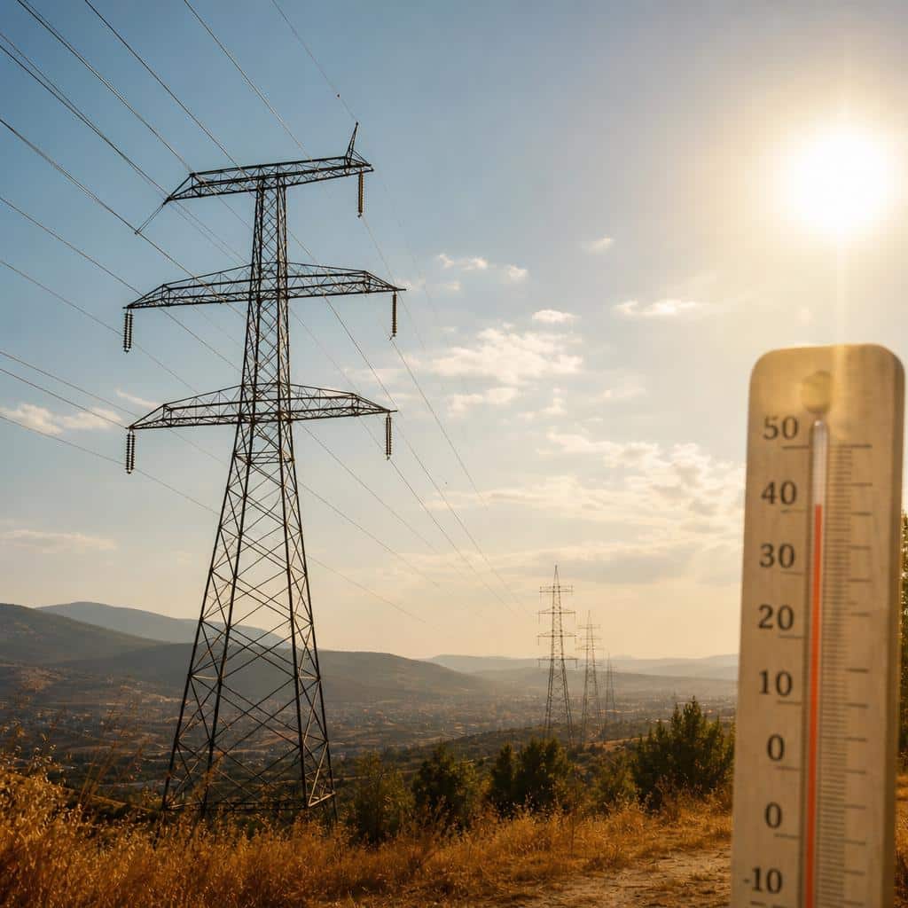 Des lignes électriques et un thermomètre sous une lumière d'été avec un graphique discret