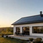 Toiture résidentielle équipée de panneaux solaires au coucher du soleil avec lignes électriques en arrière-plan