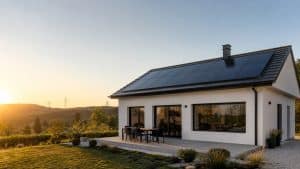 Toiture résidentielle équipée de panneaux solaires au coucher du soleil avec lignes électriques en arrière-plan