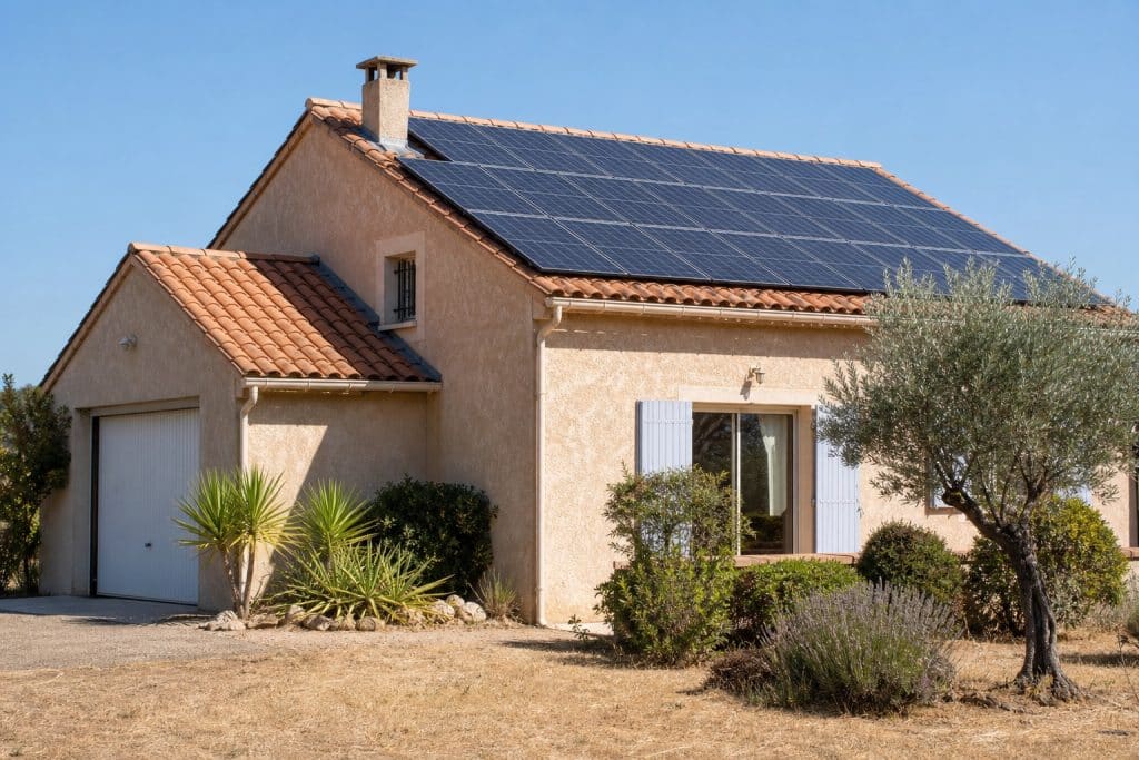 Maison équipée de panneaux solaires sous une forte lumière d’été avec un ciel chaud et dégagé