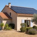 Maison équipée de panneaux solaires sous une forte lumière d’été avec un ciel chaud et dégagé
