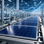 Une usine de panneaux solaires avec des modules alignes et un graphique de prix en arriere-plan