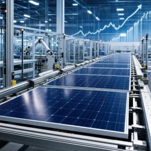 Une usine de panneaux solaires avec des modules alignes et un graphique de prix en arriere-plan