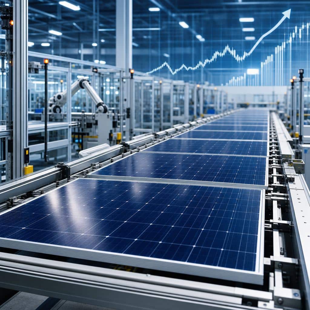 Une usine de panneaux solaires avec des modules alignes et un graphique de prix en arriere-plan