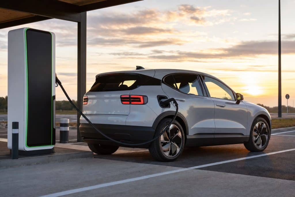 Voiture électrique en charge sur une station rapide moderne au coucher du soleil