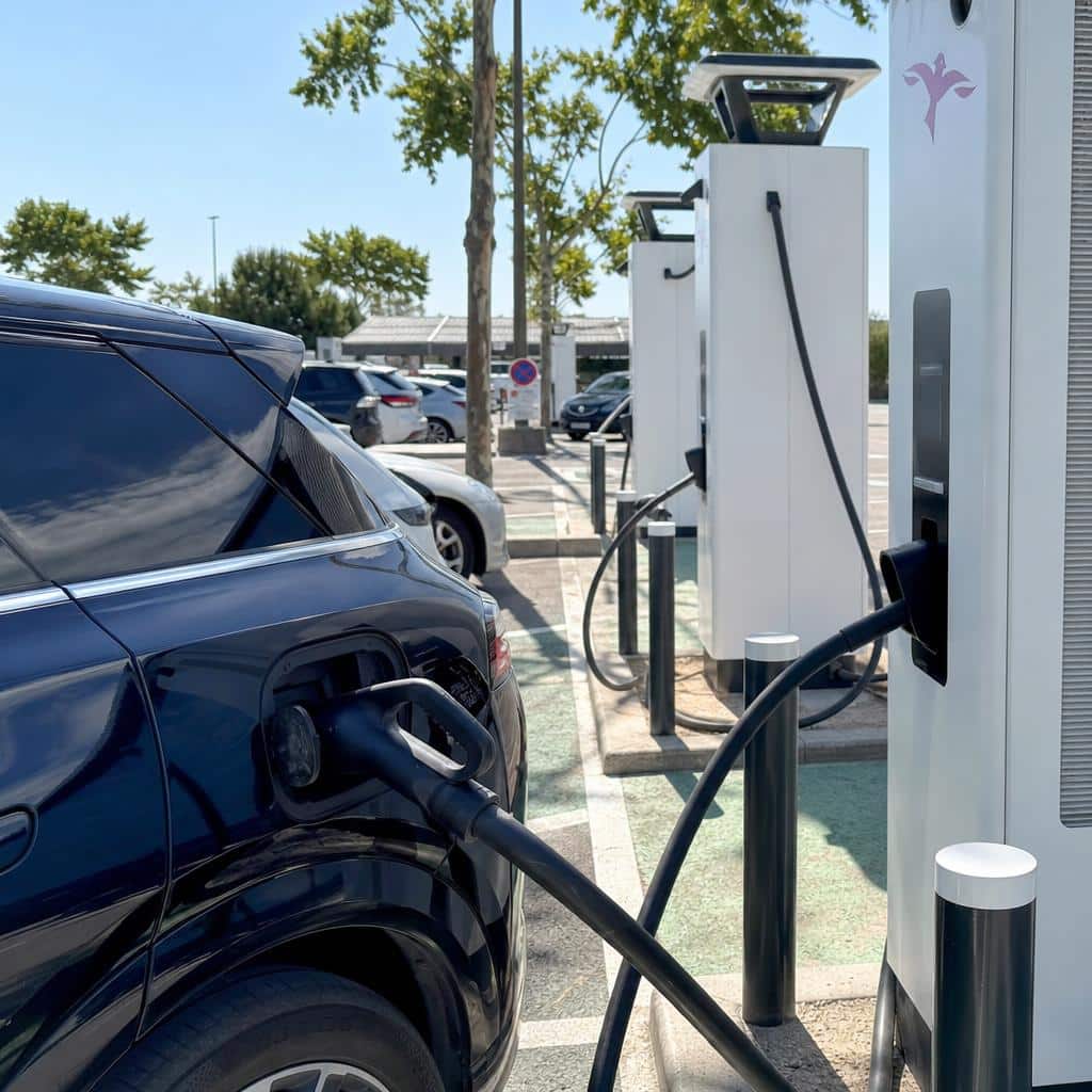 Une station de recharge rapide sur autoroute avec plusieurs voitures electriques en ete