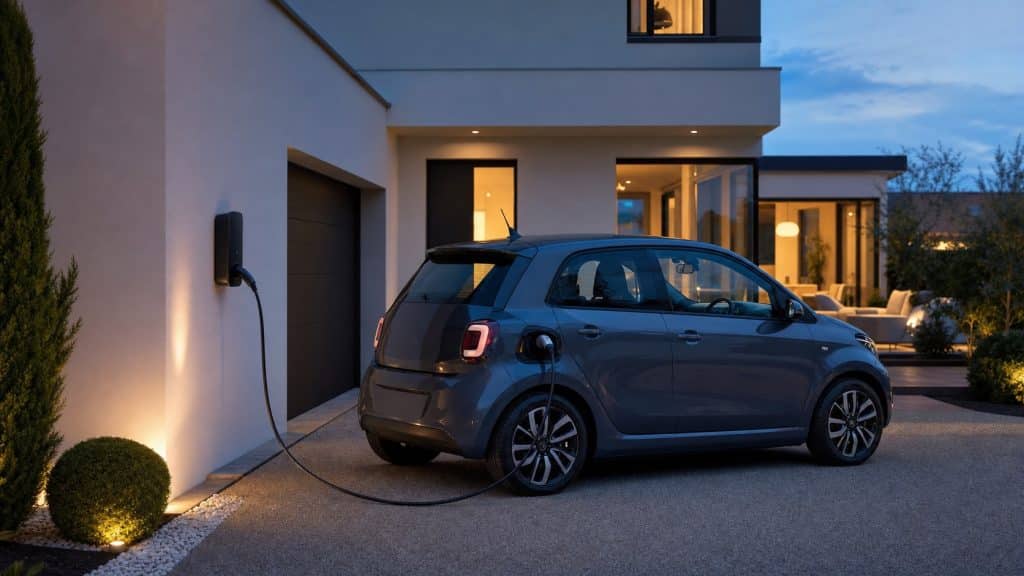 Voiture électrique blanche branchée devant une maison française au début de la soirée