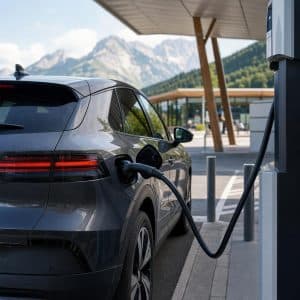 Voiture électrique en recharge rapide sur une aire européenne avec carte numérique