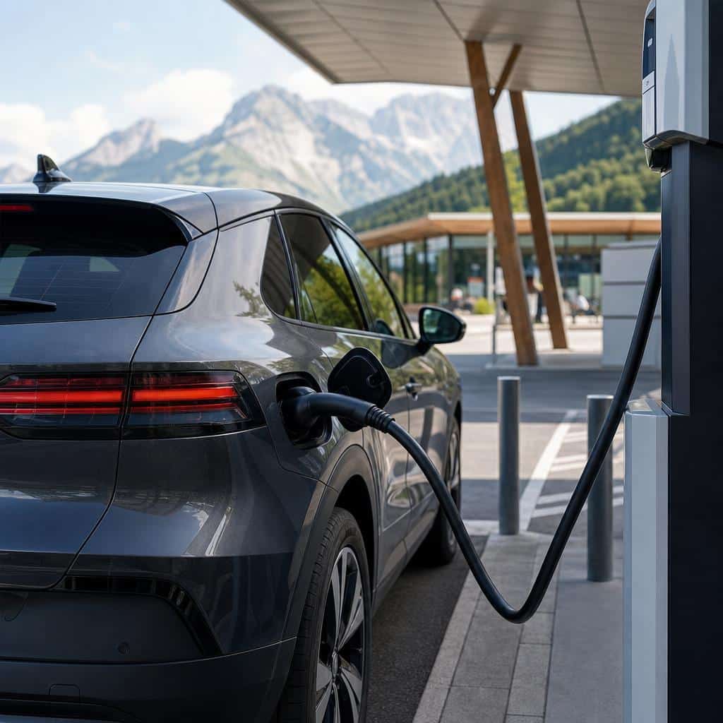Voiture électrique en recharge rapide sur une aire européenne avec carte numérique