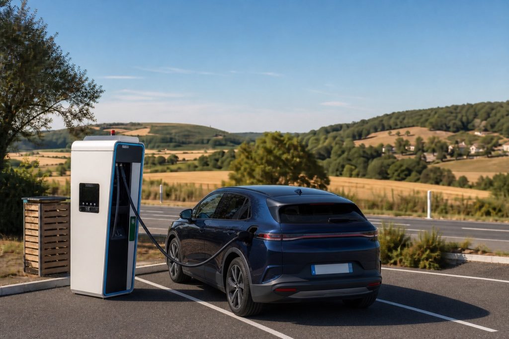 Voiture électrique en recharge rapide sur aire de route avec paysage rural au loin