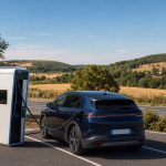 Voiture électrique en recharge rapide sur aire de route avec paysage rural au loin