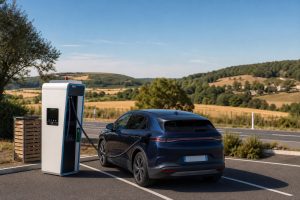 Voiture électrique en recharge rapide sur aire de route avec paysage rural au loin