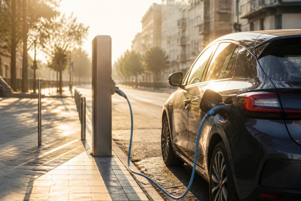 Voiture électrique en charge sur borne publique par forte chaleur en fin de journée