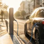 Voiture électrique en charge sur borne publique par forte chaleur en fin de journée