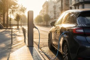 Voiture électrique en charge sur borne publique par forte chaleur en fin de journée