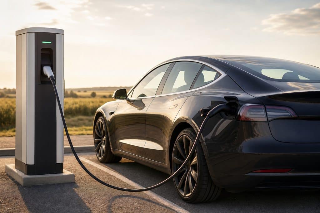 Voiture électrique branchée sur une borne ultra-rapide moderne dans une station en France