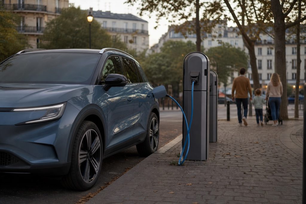 SUV électrique stationné près de bornes publiques en ville en fin de journée