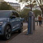 SUV électrique stationné près de bornes publiques en ville en fin de journée