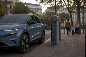 SUV électrique stationné près de bornes publiques en ville en fin de journée