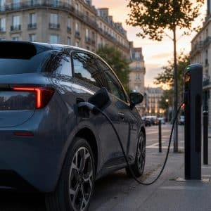 Une voiture électrique branchée sur une borne de rue dans un quartier résidentiel