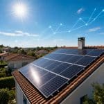 Des panneaux solaires sous un fort soleil avec un graphique de production electrique en arriere-plan