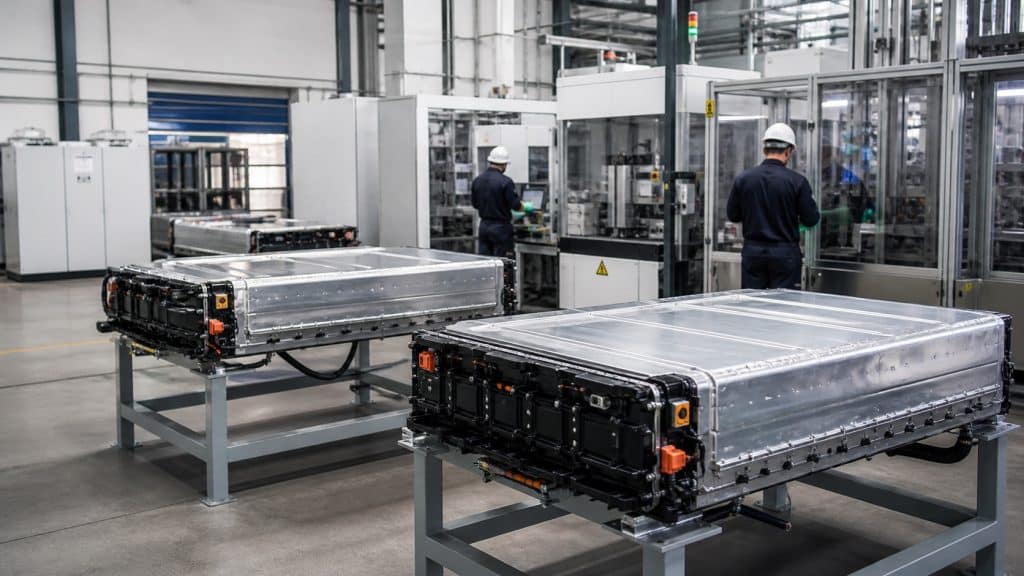 Modules de batteries de voiture électrique en centre de recyclage industriel moderne