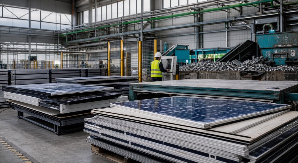 Panneaux solaires déposés dans une filière de recyclage industrielle moderne