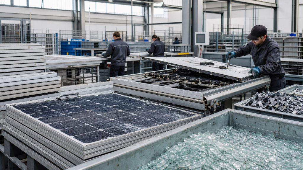 Panneaux solaires en fin de vie inspectés sur une ligne de recyclage industrielle