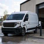Grand utilitaire électrique moderne stationné près d'un atelier professionnel
