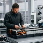 Technicien examinant un module de batterie de voiture électrique dans un atelier moderne