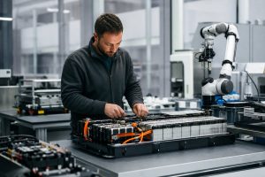 Technicien examinant un module de batterie de voiture électrique dans un atelier moderne