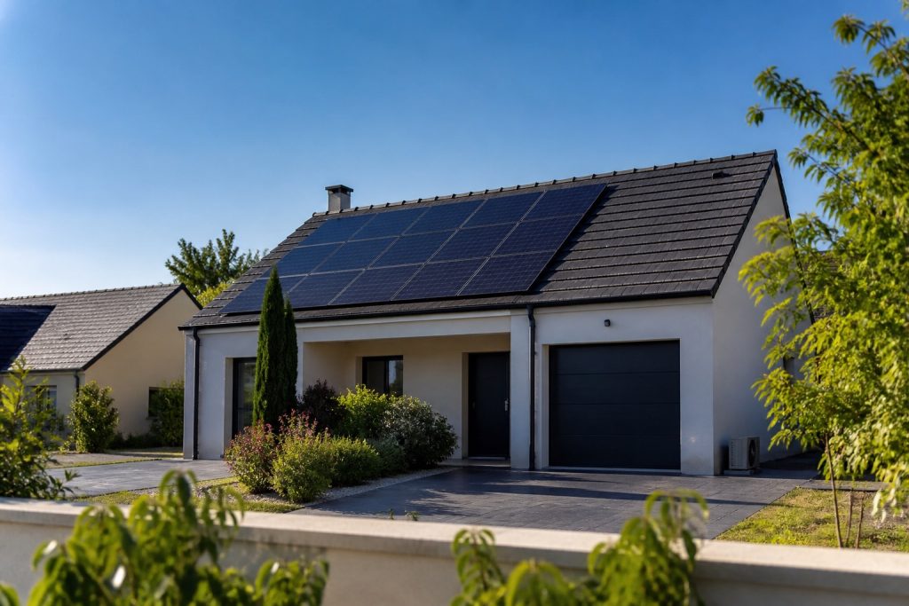 Maison française équipée de panneaux solaires avec paysage résidentiel en arrière-plan