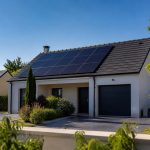 Maison française équipée de panneaux solaires avec paysage résidentiel en arrière-plan