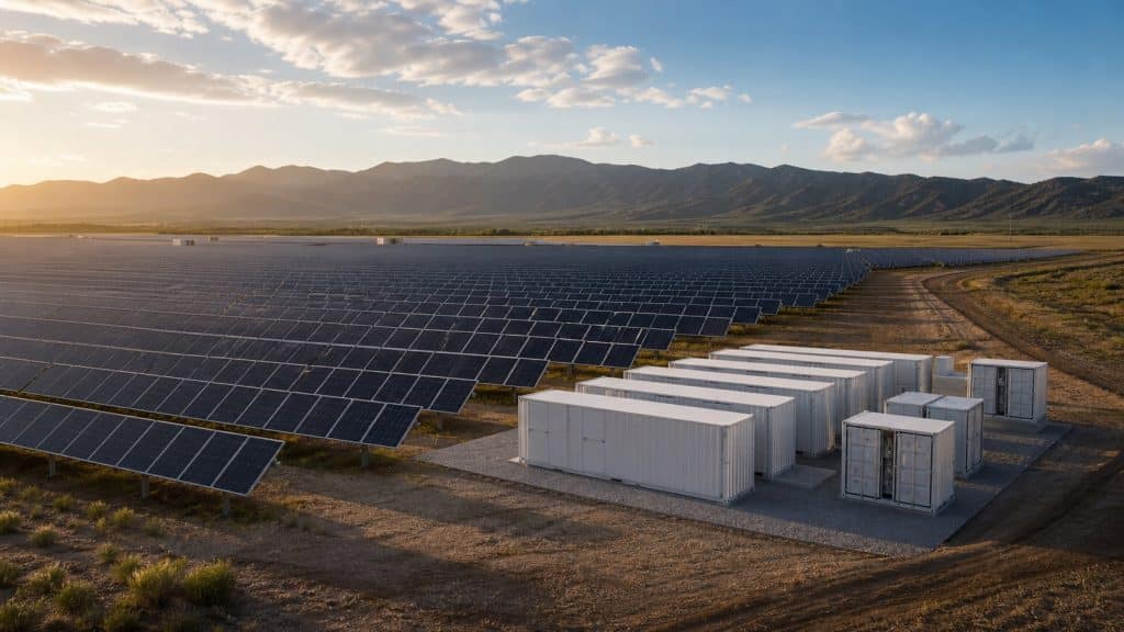 Champ de panneaux solaires avec batteries de stockage à proximité en fin d’après-midi