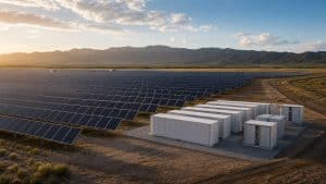 Champ de panneaux solaires avec batteries de stockage à proximité en fin d’après-midi