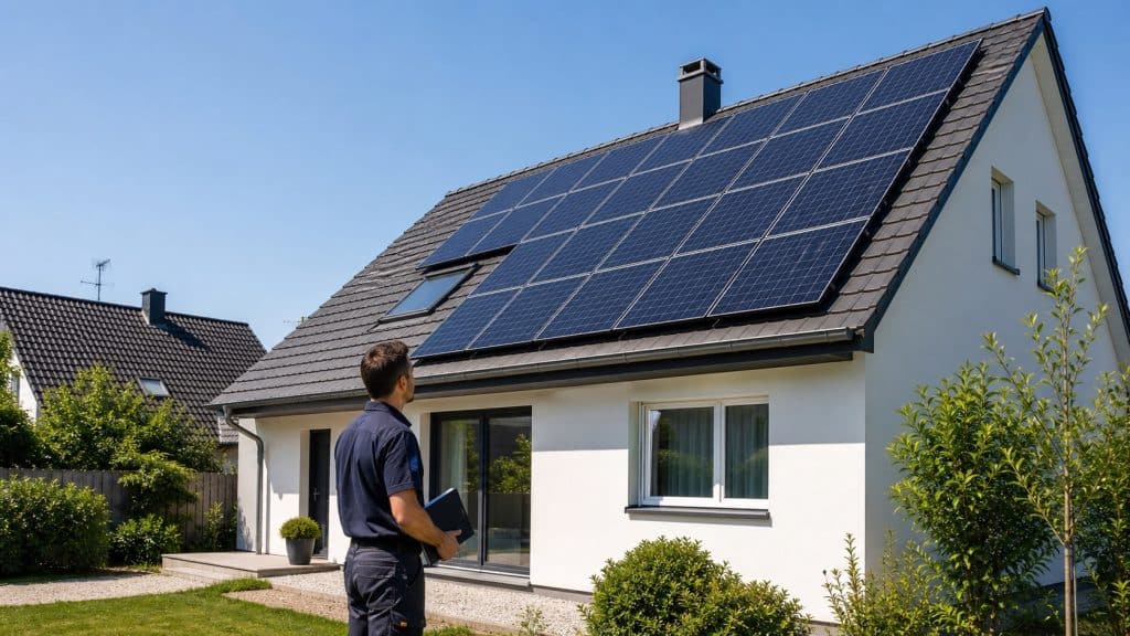 Maison contemporaine avec panneaux solaires installés sur une toiture inclinée