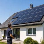 Maison contemporaine avec panneaux solaires installés sur une toiture inclinée