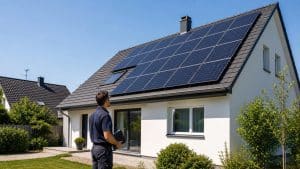 Maison contemporaine avec panneaux solaires installés sur une toiture inclinée