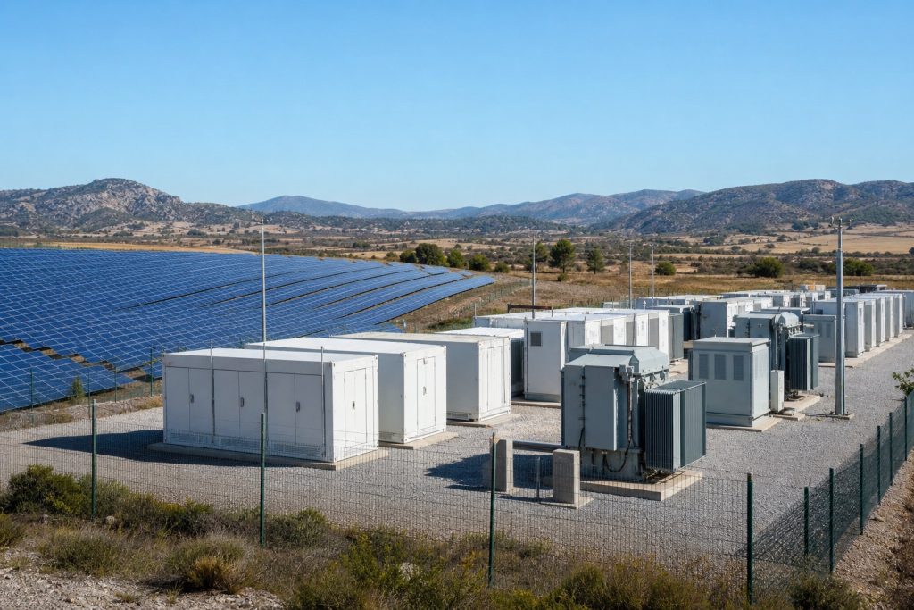 Grand site de batteries et de panneaux solaires sous un ciel clair