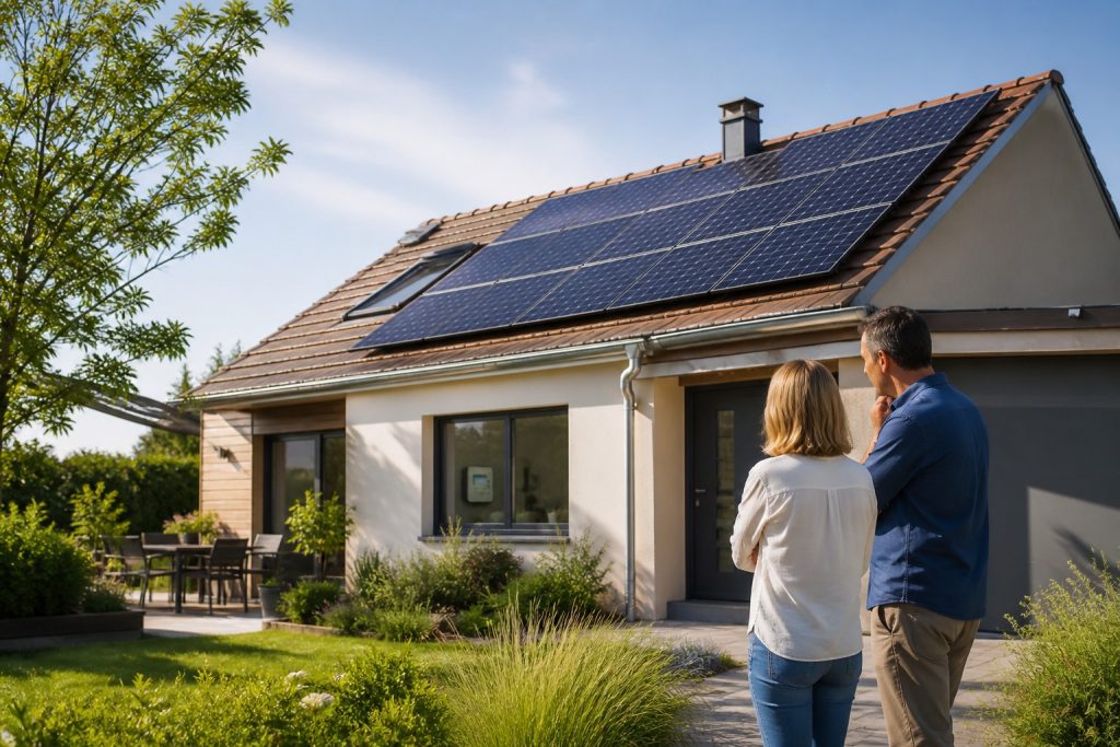 Maison équipée de panneaux solaires sous un ciel clair avec compteur électrique domestique