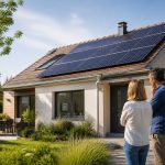Maison équipée de panneaux solaires sous un ciel clair avec compteur électrique domestique
