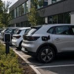 Voitures électriques alignées sur un parking d'entreprise moderne