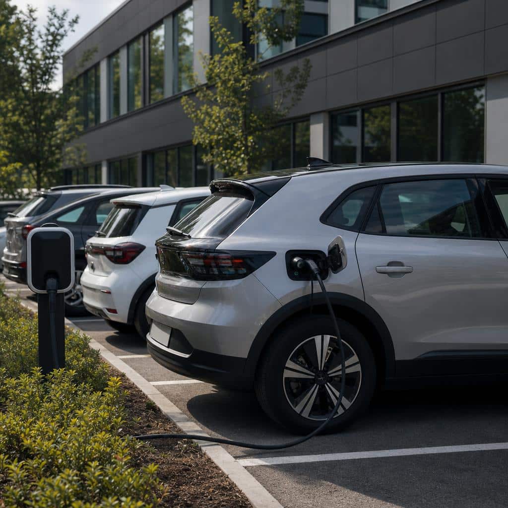 Voitures électriques alignées sur un parking d'entreprise moderne