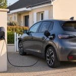 Voiture électrique compacte garée devant une maison pavillonnaire, scène réaliste du quotidien