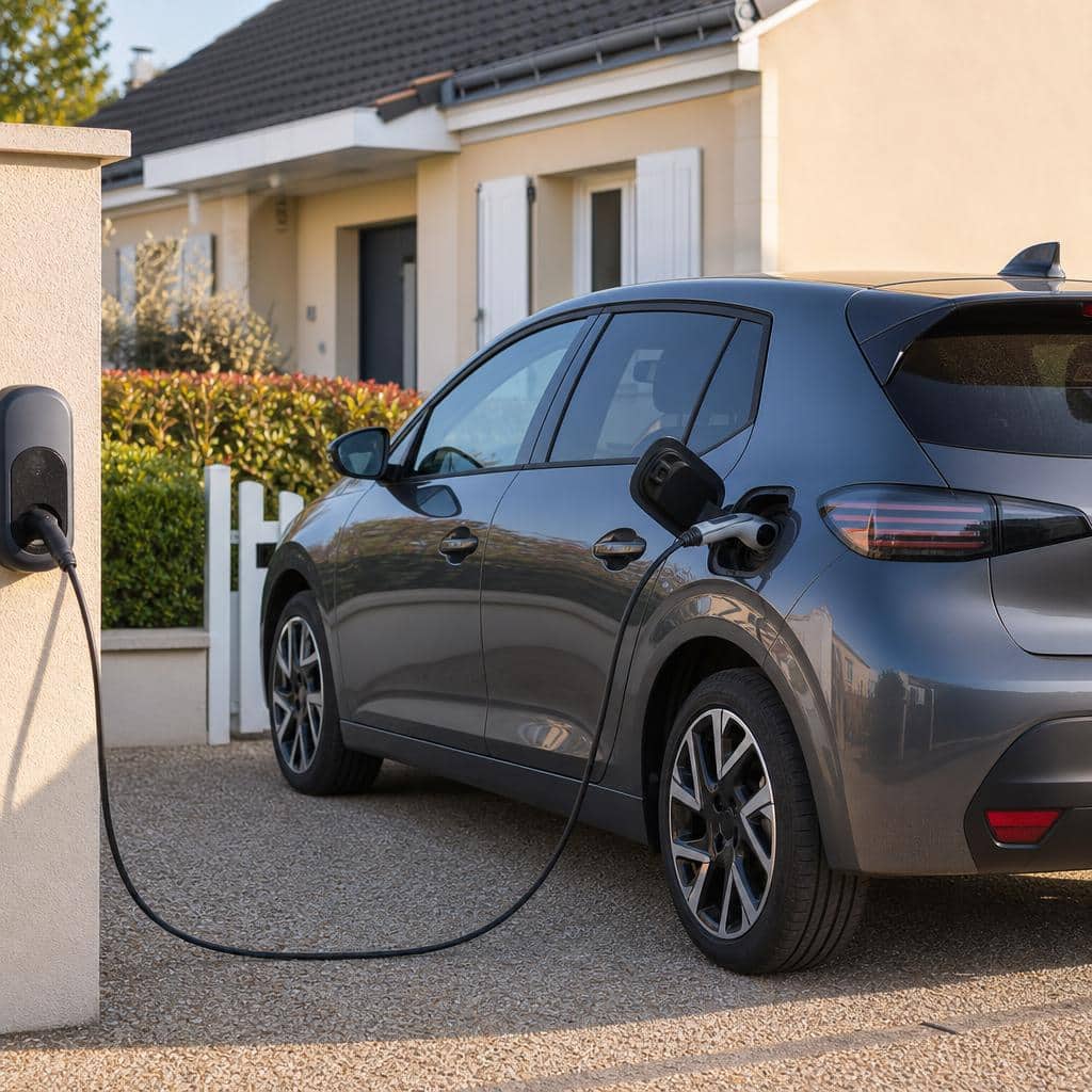Voiture électrique compacte garée devant une maison pavillonnaire, scène réaliste du quotidien