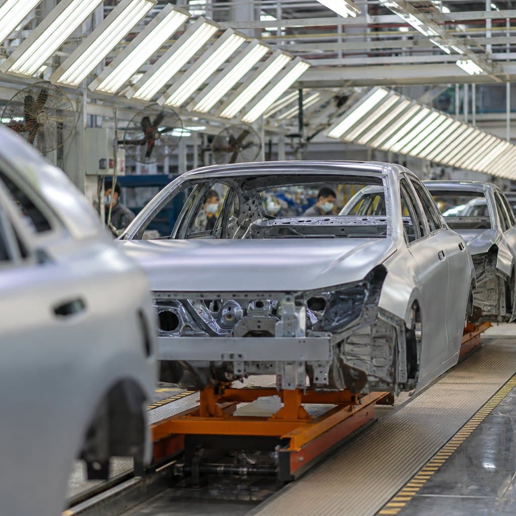 Ligne d'assemblage de voitures électriques dans une usine moderne en Asie